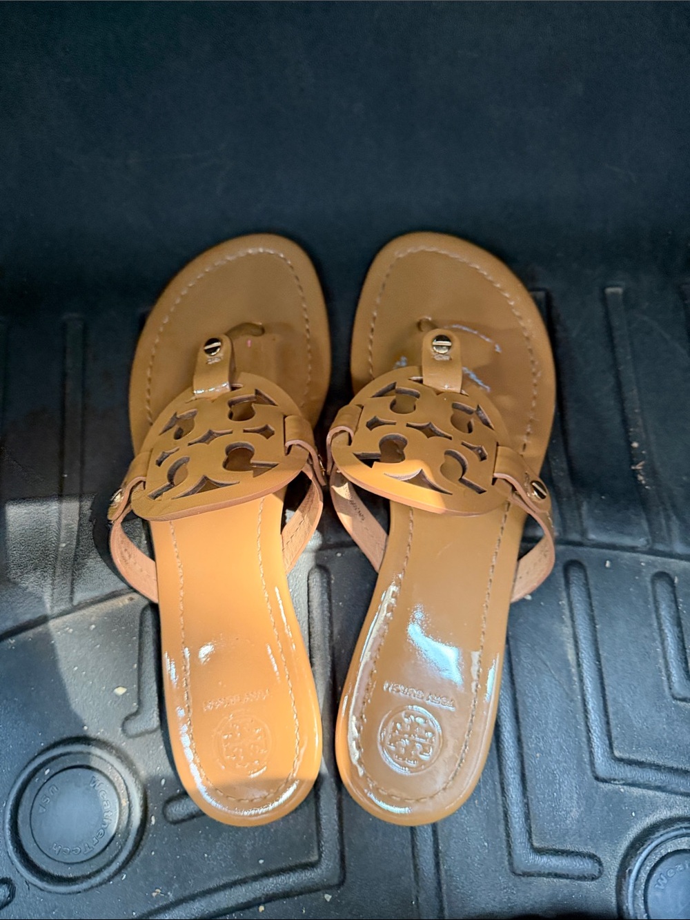 Tory Burch Tan Patent Leather Logo Thong Sandals